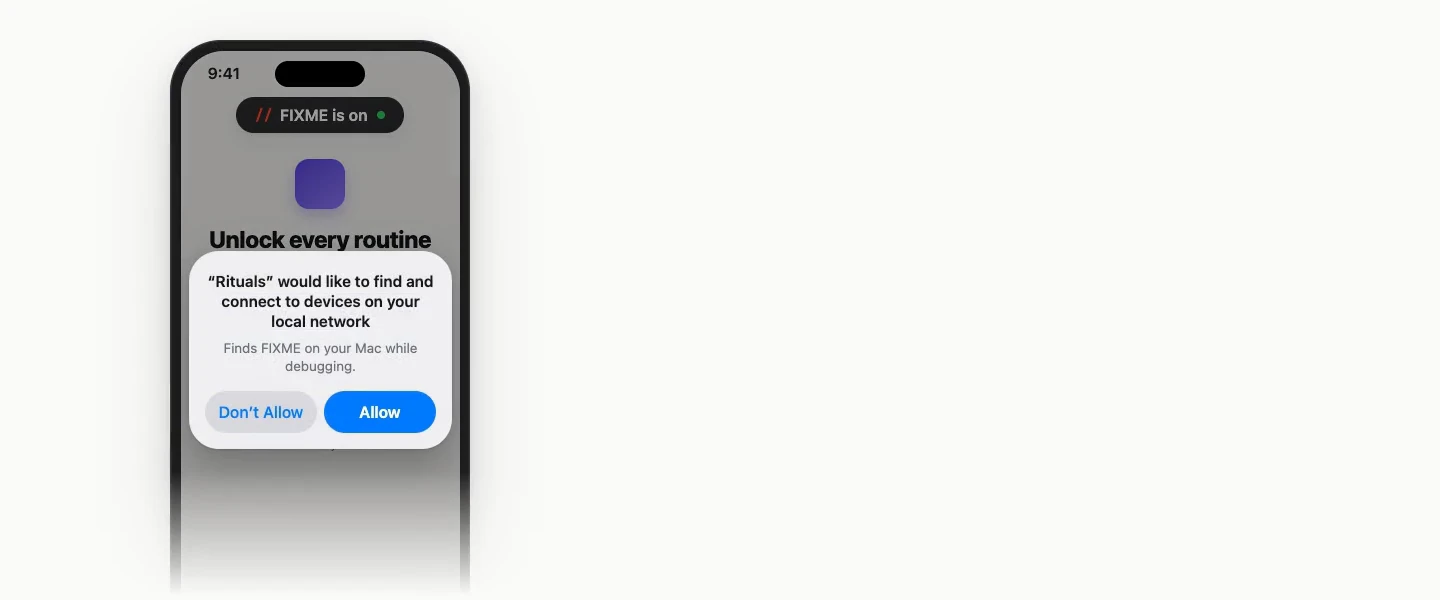 The iOS Local Network alert and Allow, then the same code 4821 on the phone and on the Mac. Allow on the Mac, and a green check says the iPhone is connected.