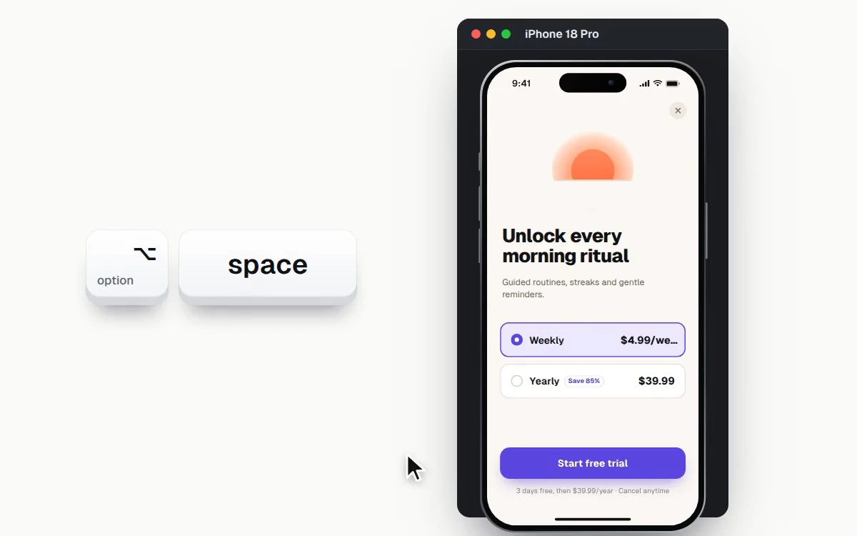 On a Mac, Option Space dims the screen with a coral edge around the iOS Simulator, and a pen circles the cut off price.